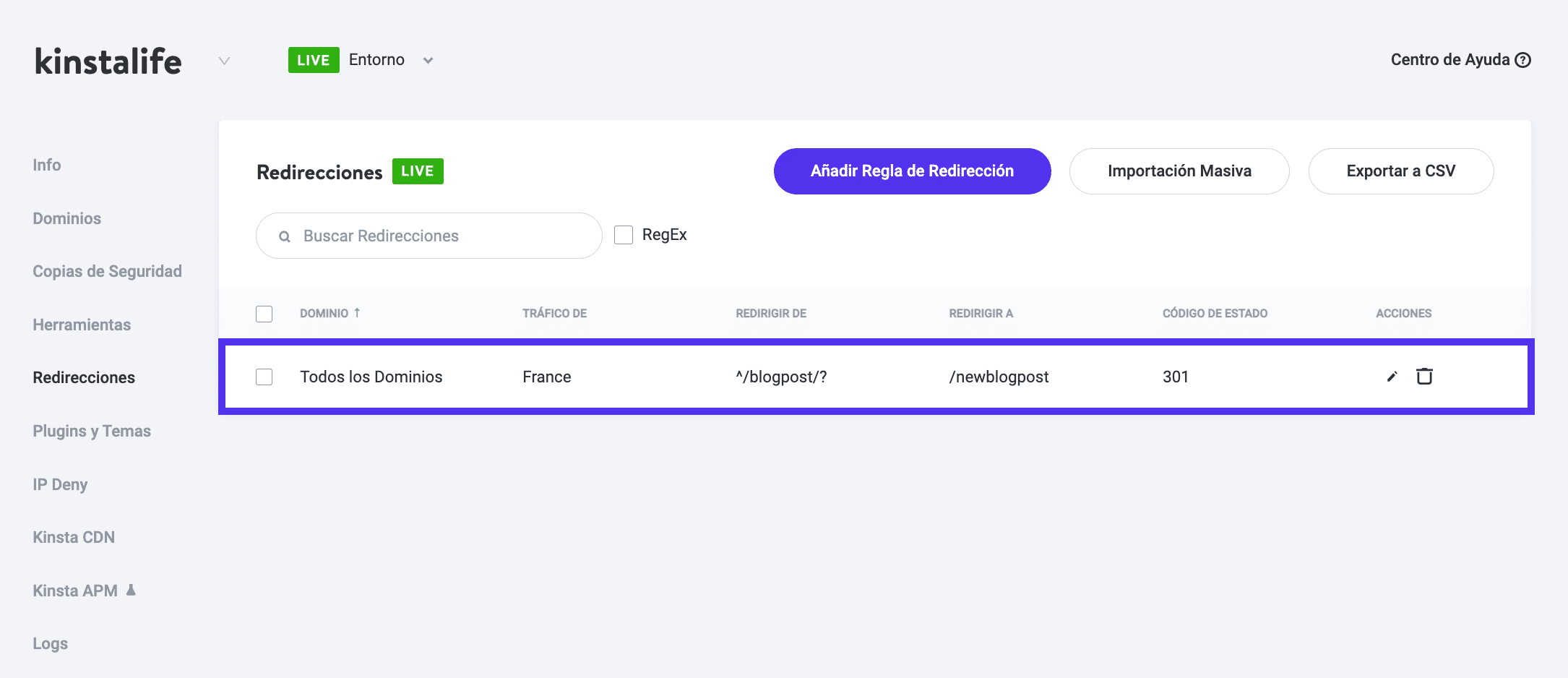 Añadiendo una redirección comodín en MyKinsta