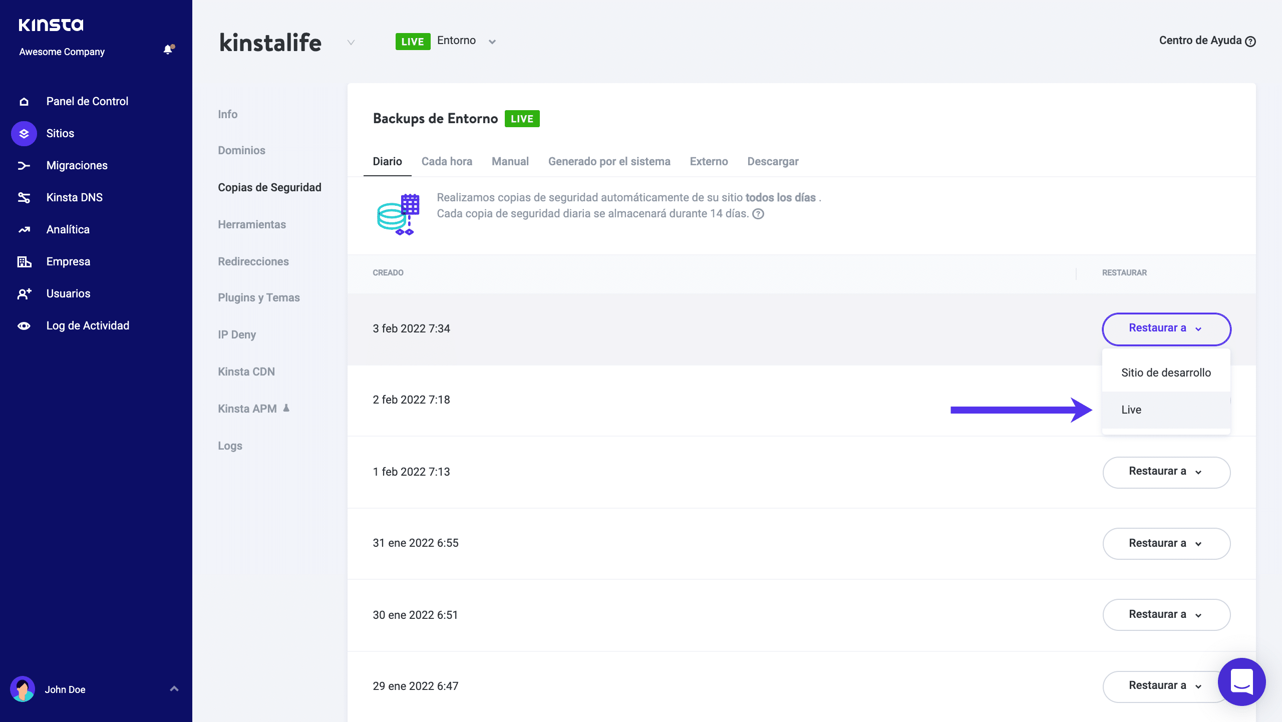 Restaurar sitio de WordPress desde un snapshot (respaldo)