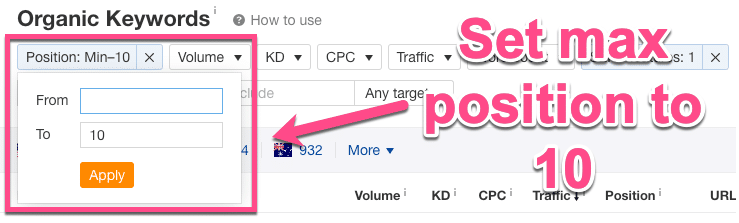 Las 10 palabras claves principales de Ahrefs en el SERPs
