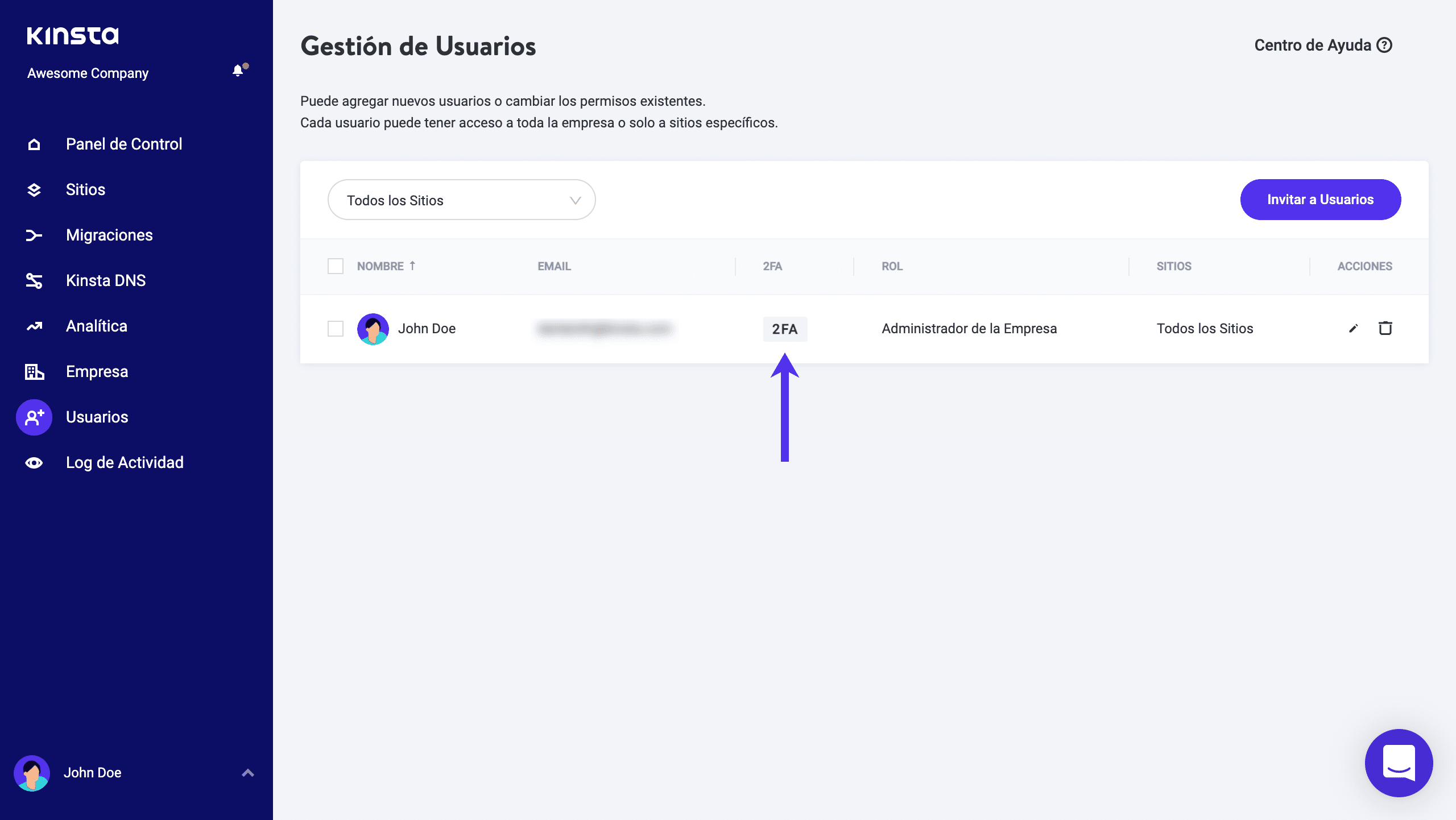 Indicador de 2FA en MyKinsta