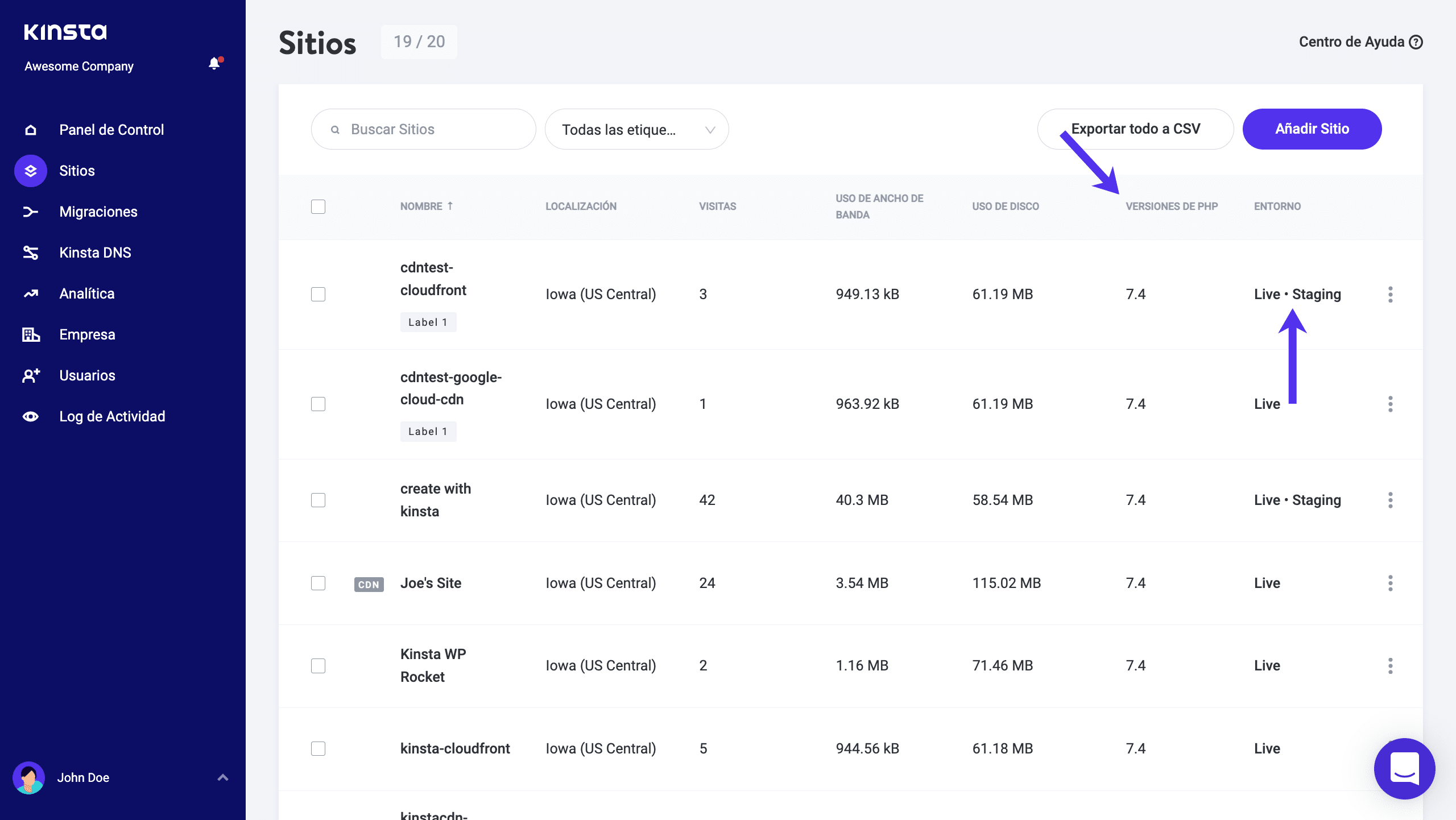 MyKinsta - versiones de PHP, entorno vivo/staging
