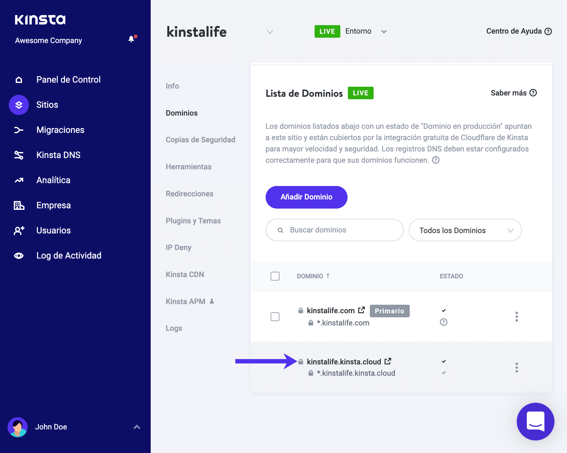 URL temporal de Kinsta
