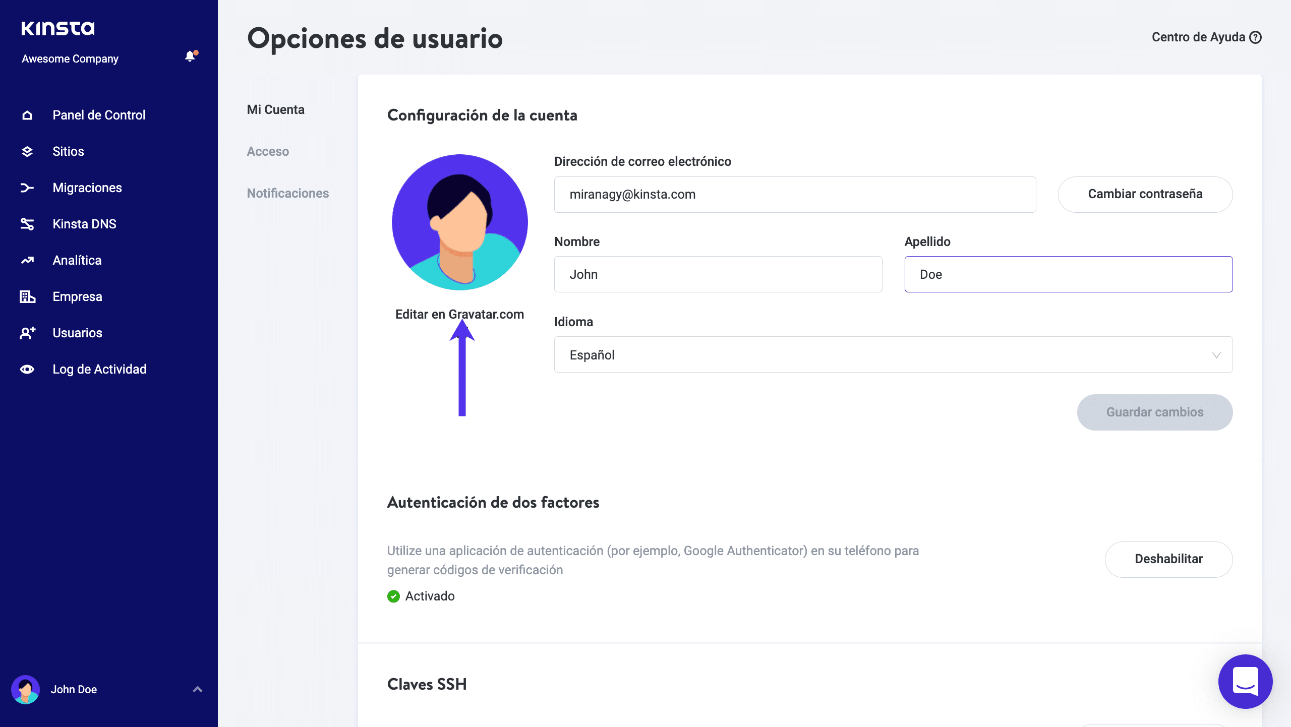 Enlace de Gravatar en MyKinsta