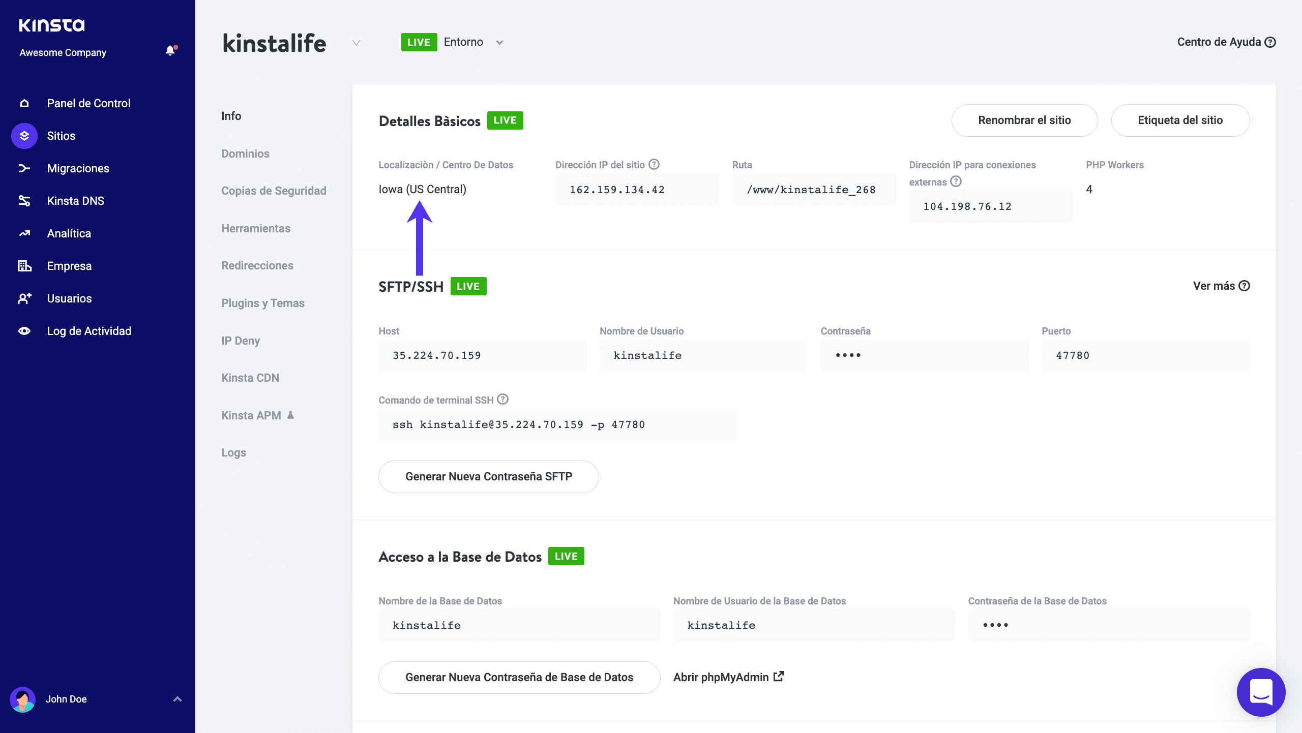 Centro de datos en MyKinsta
