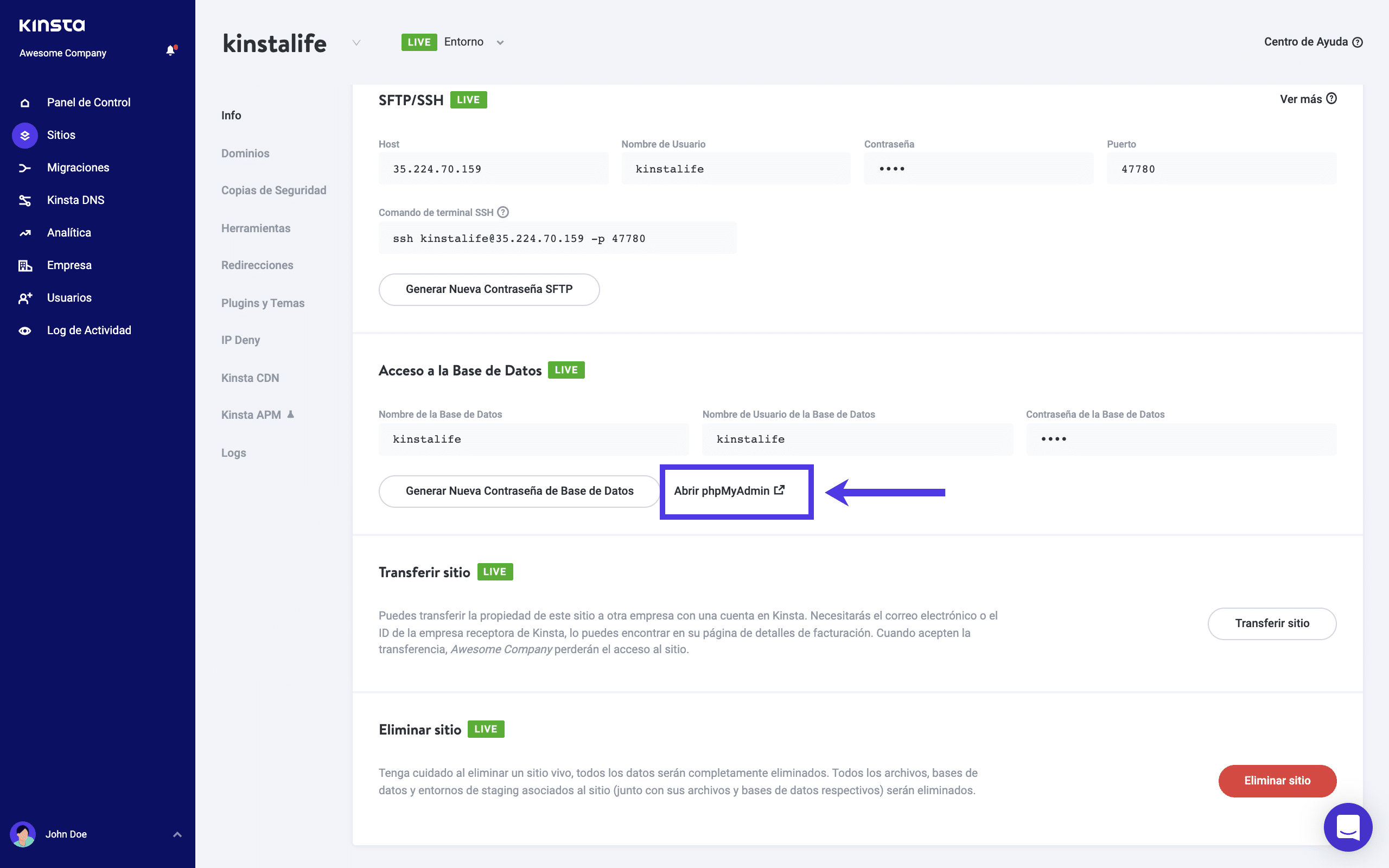 Panel de control de MyKinsta