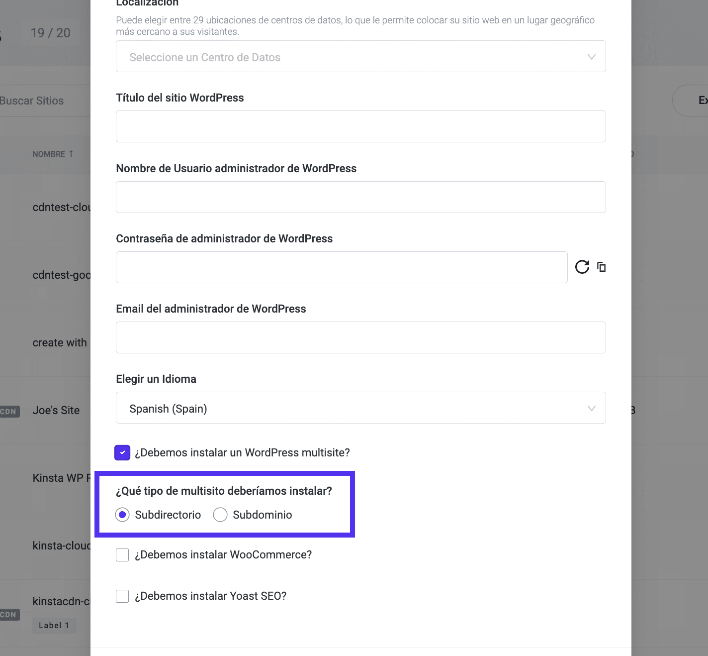 La herramienta de instalación de Kinsta Multisite