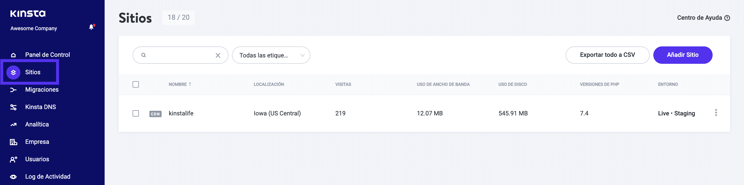 Haga clic en Sitios en el menú de MyKinsta.
