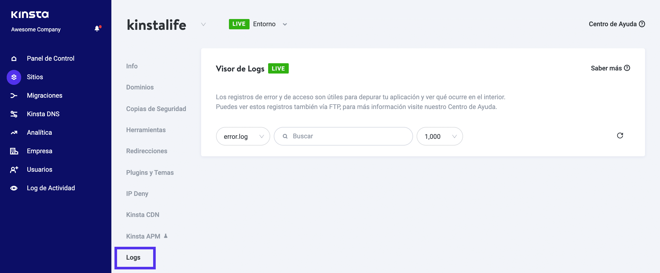 Si hay algún error, se muestra en la pestaña Registros.