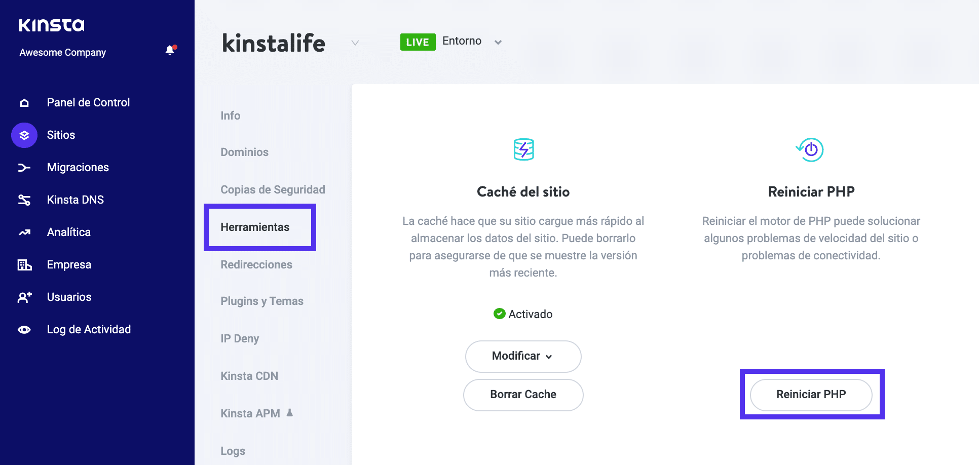 Puede reiniciar PHP en el panel de control de MyKinsta.