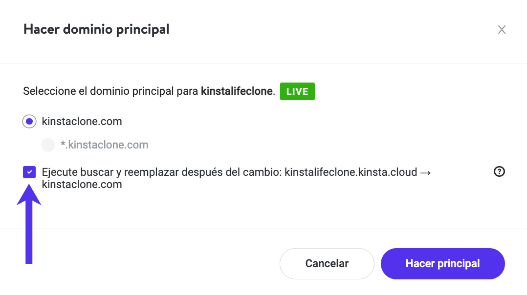 Búsqueda y reemplazo automáticos al cambiar a un nuevo dominio primario.