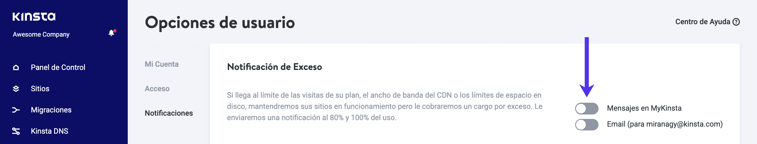 Ventana de notificación de excedentes