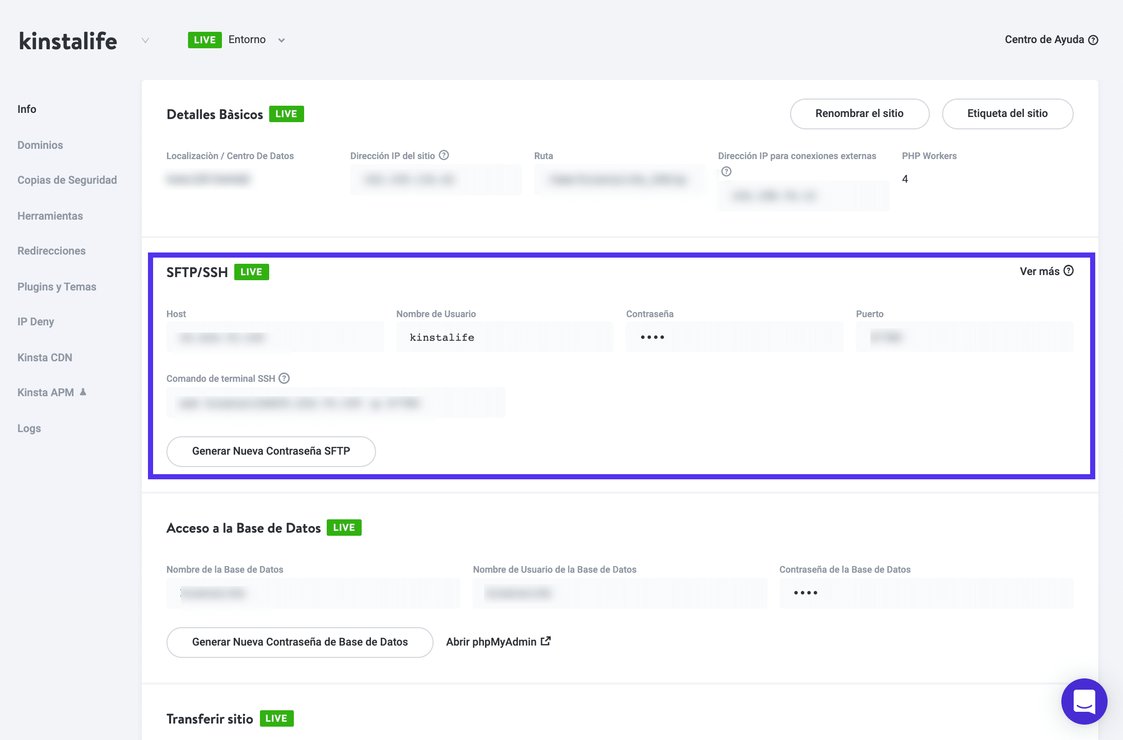 Credenciales de acceso en MyKinsta