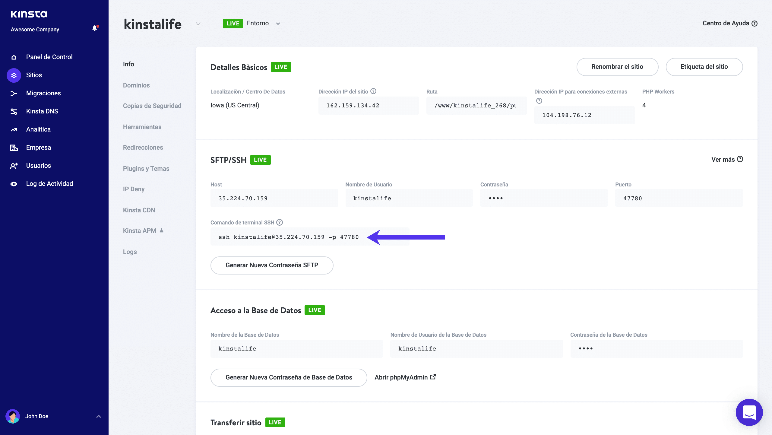 Comando de la terminal SSH en MyKinsta.