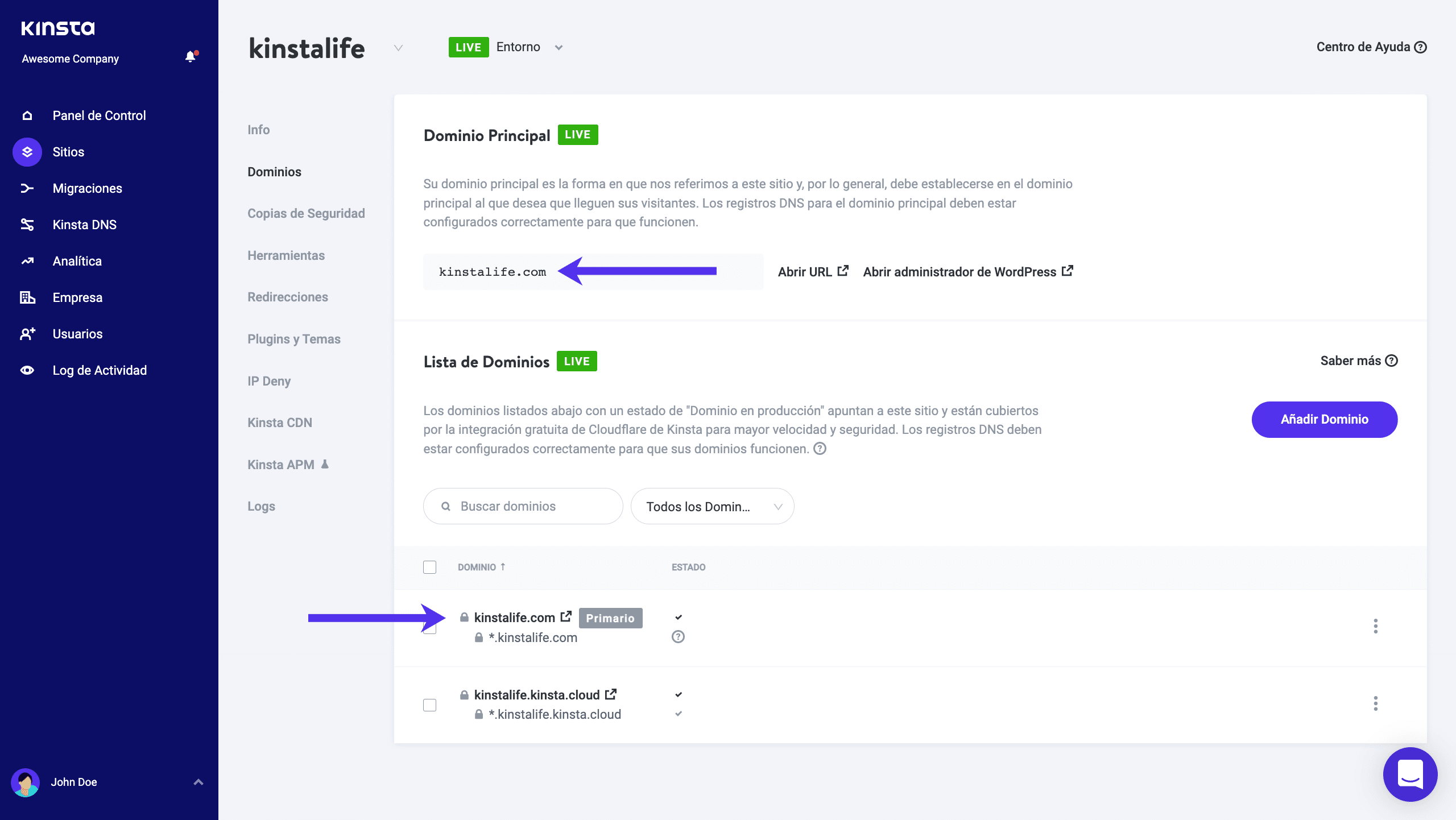 Añade dominios a tu panel de control MyKinsta.