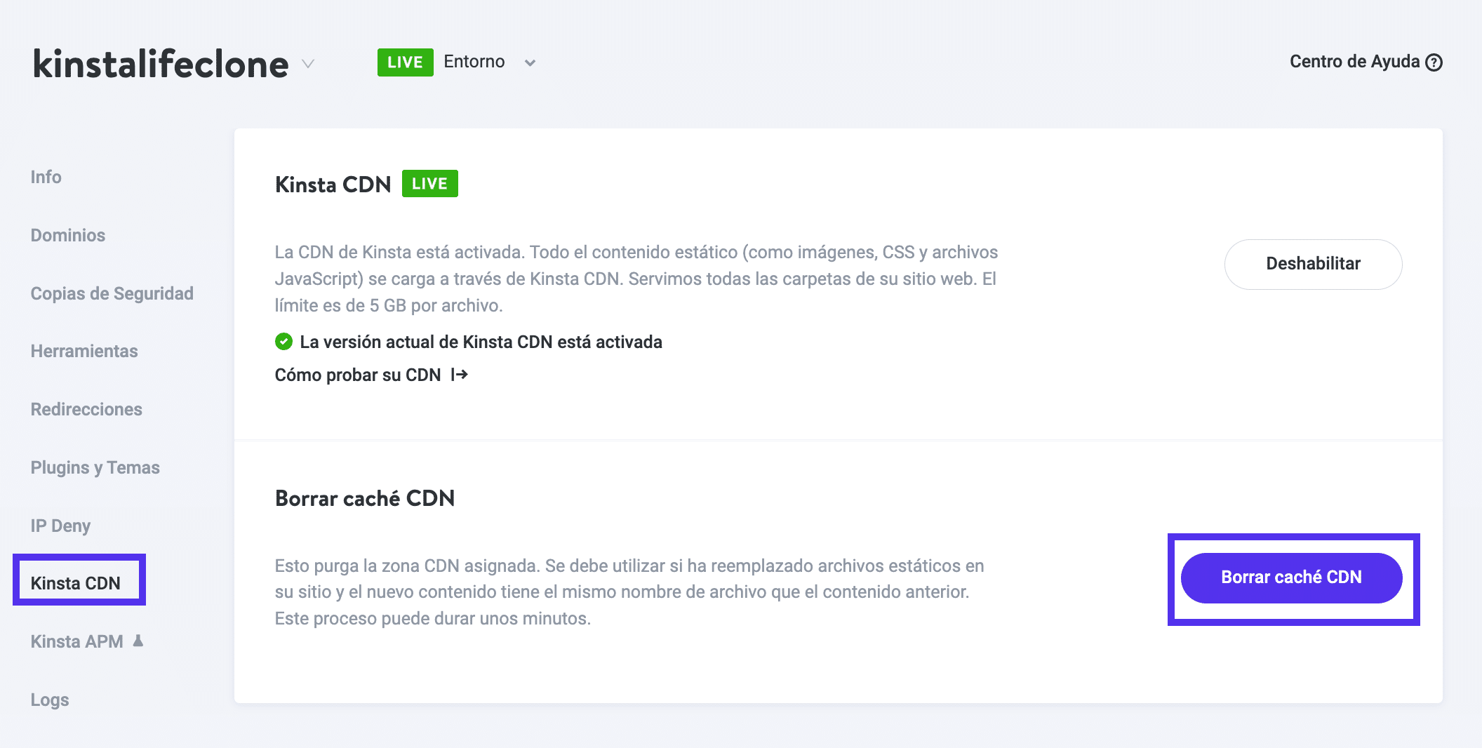 Cómo borrar la caché de Kinsta CDN