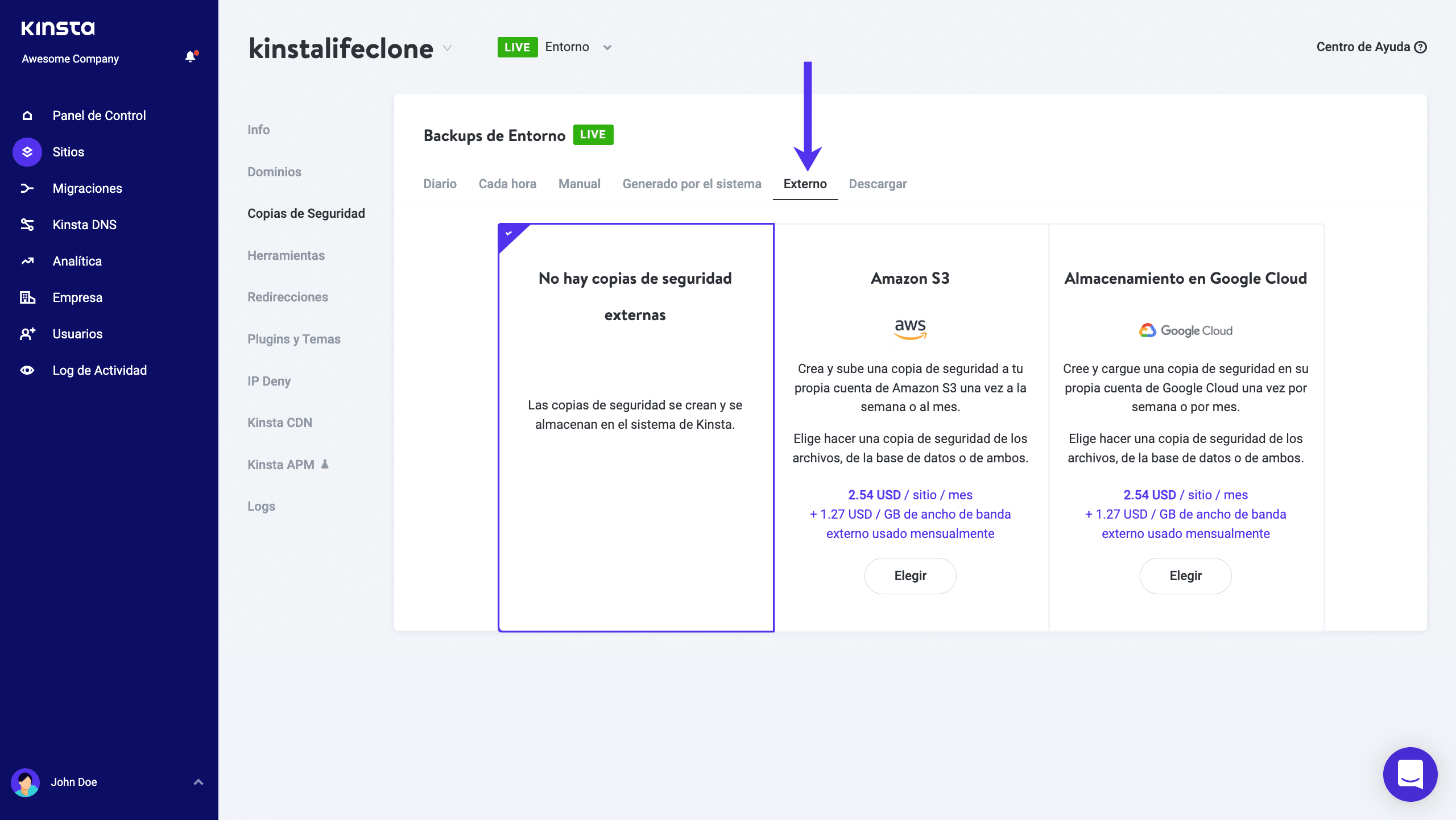 Habilitar las copias de seguridad externas en MyKinsta