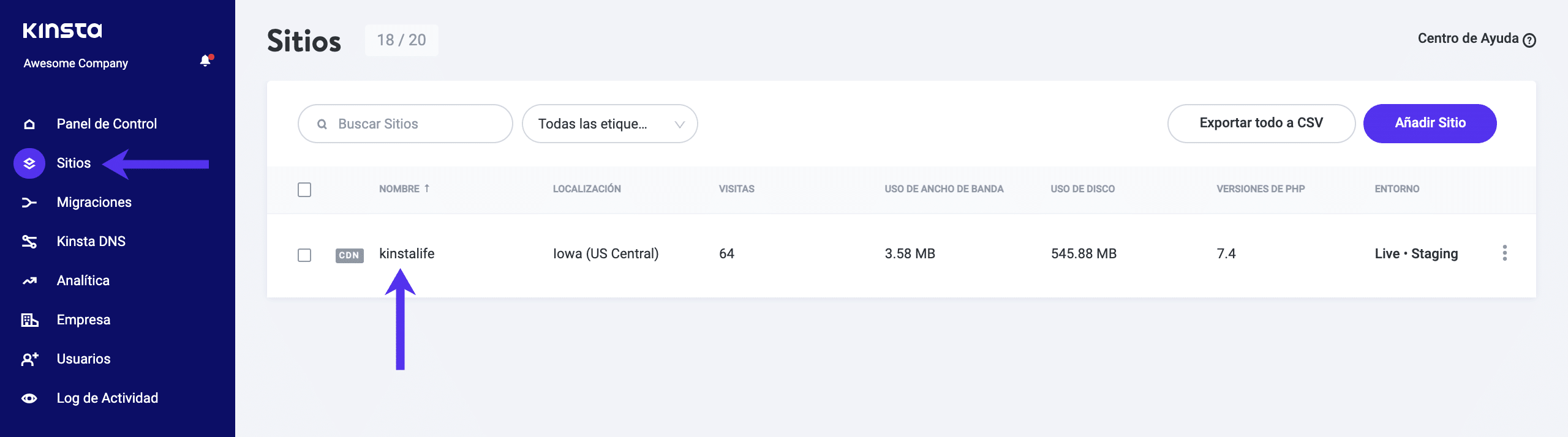 Seleccione un sitio en MyKinsta.