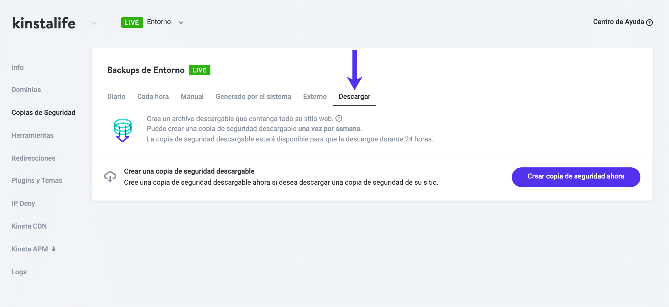 Kinsta admite la descarga de copias de seguridad.
