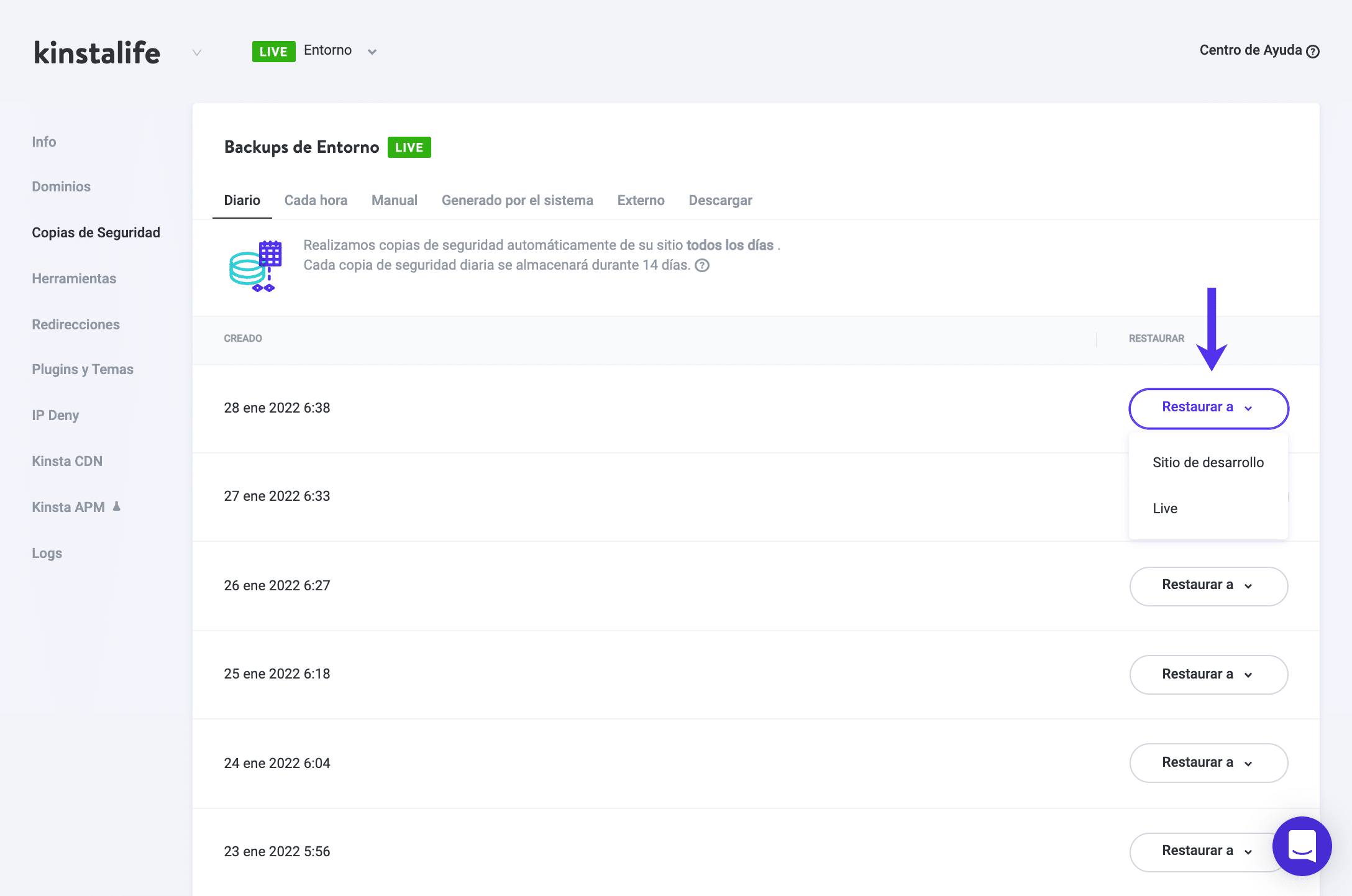 Restaurar copias de seguridad en MyKinsta.
