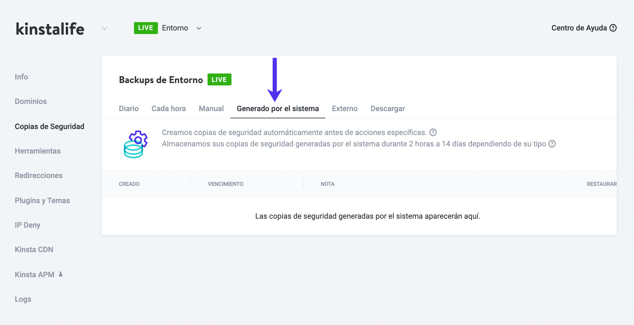 Copias de seguridad generadas por el sistema en MyKinsta.