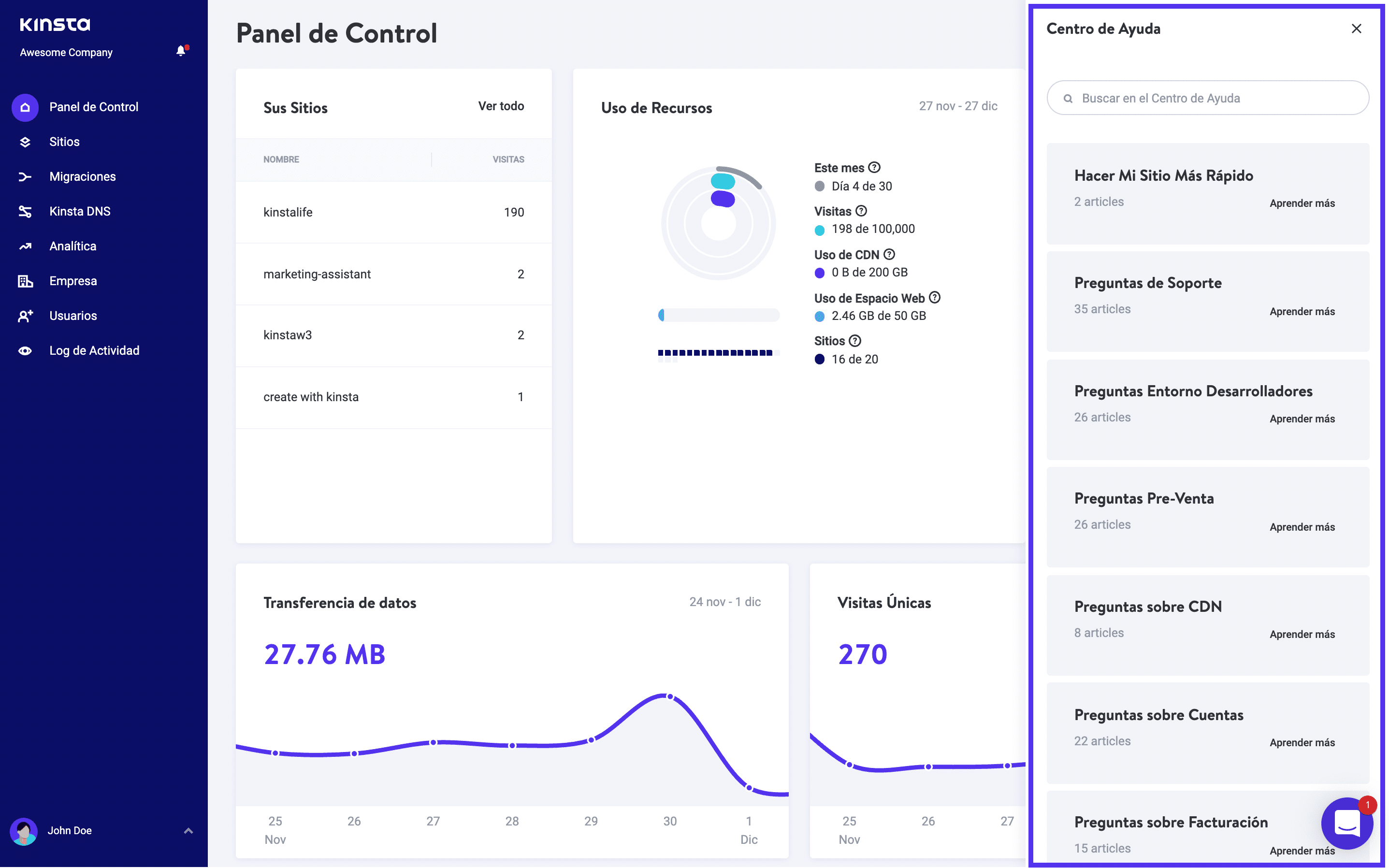 El Centro de Ayuda muestra una lista de Categorías cuando estás en MyKinsta