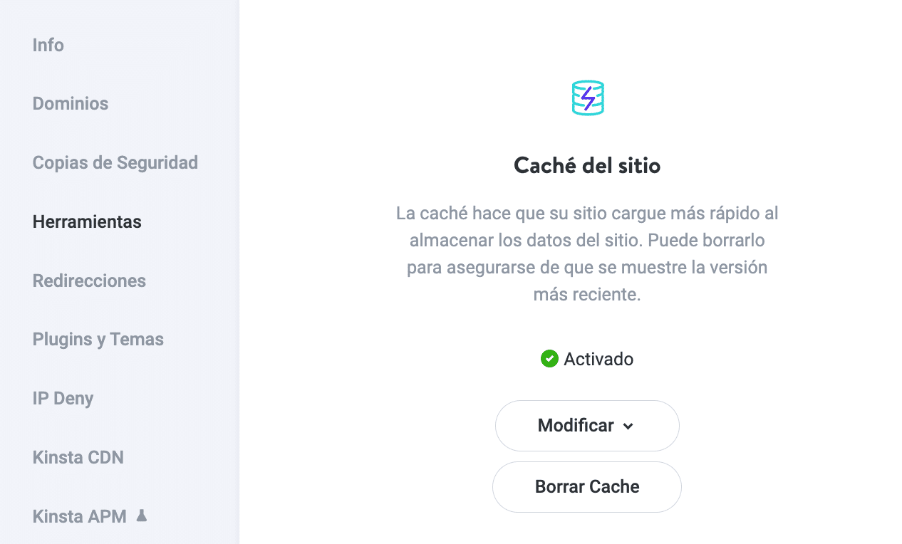 Borrar caché en el panel de MyKinsta.