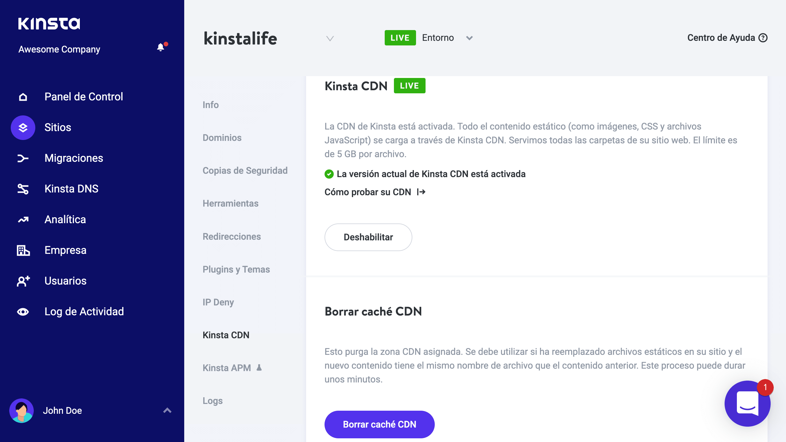 Borrar caché de CDN en MyKinsta.