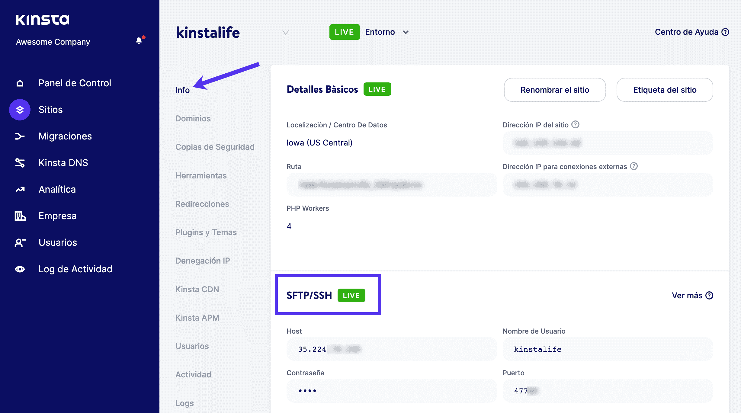 Ve a Info > SFTP/SSH en MyKinsta.