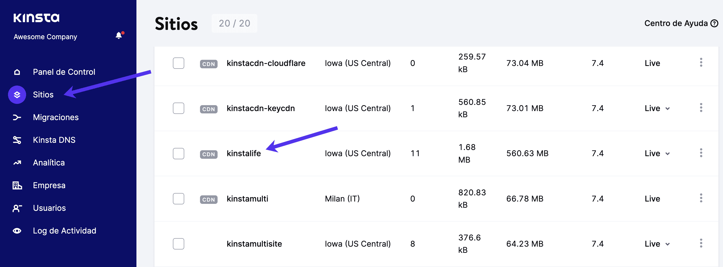 En MyKinsta, haz clic en Sitios, y luego elige el sitio al que quieres conectarte.