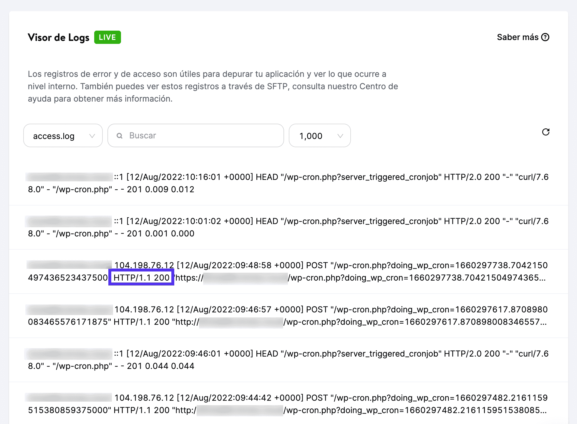 Ver todas las peticiones con código de estado