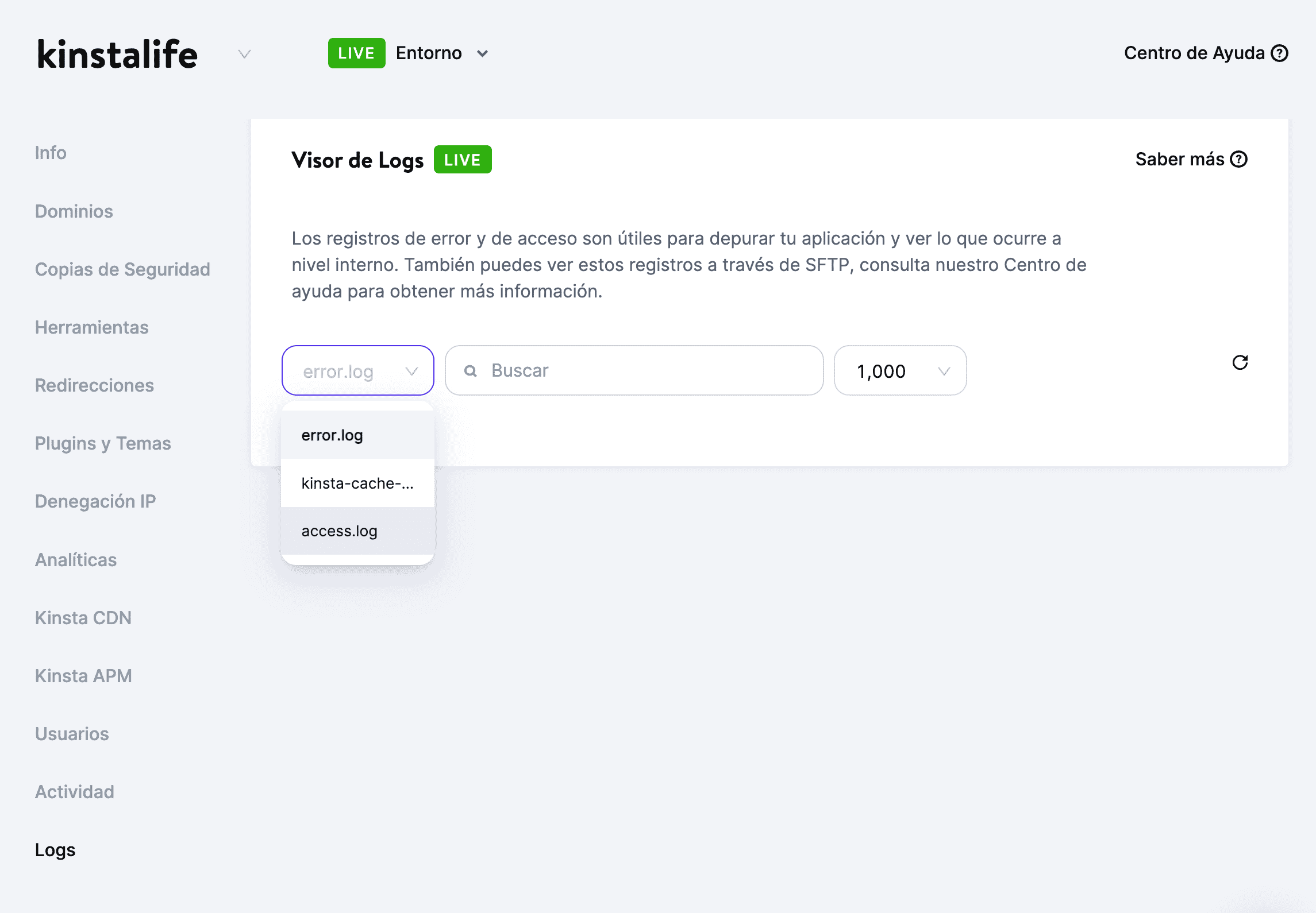 Selecciona la opción access.log