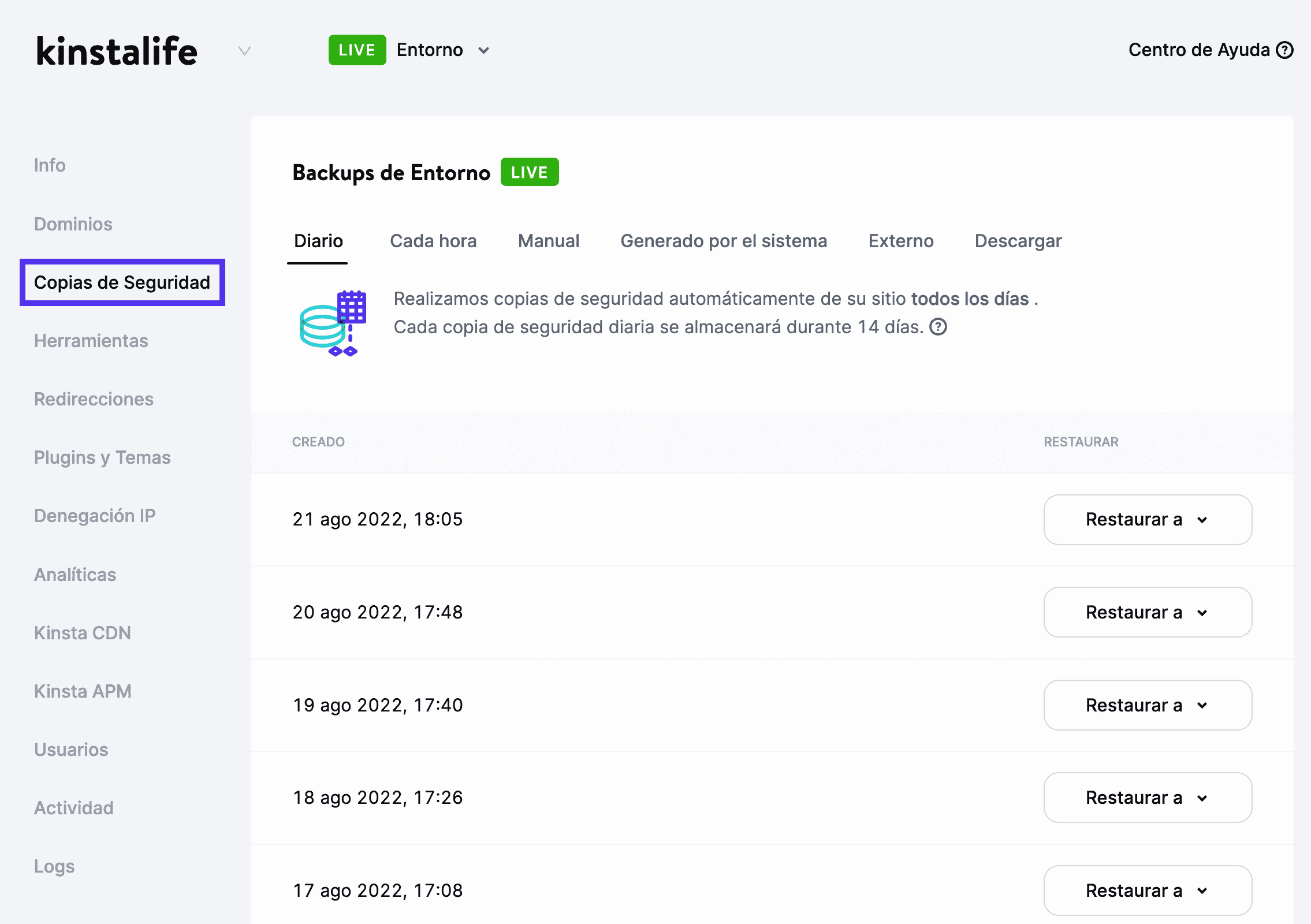 Haz clic en la pestaña Copias de seguridad en MyKinsta