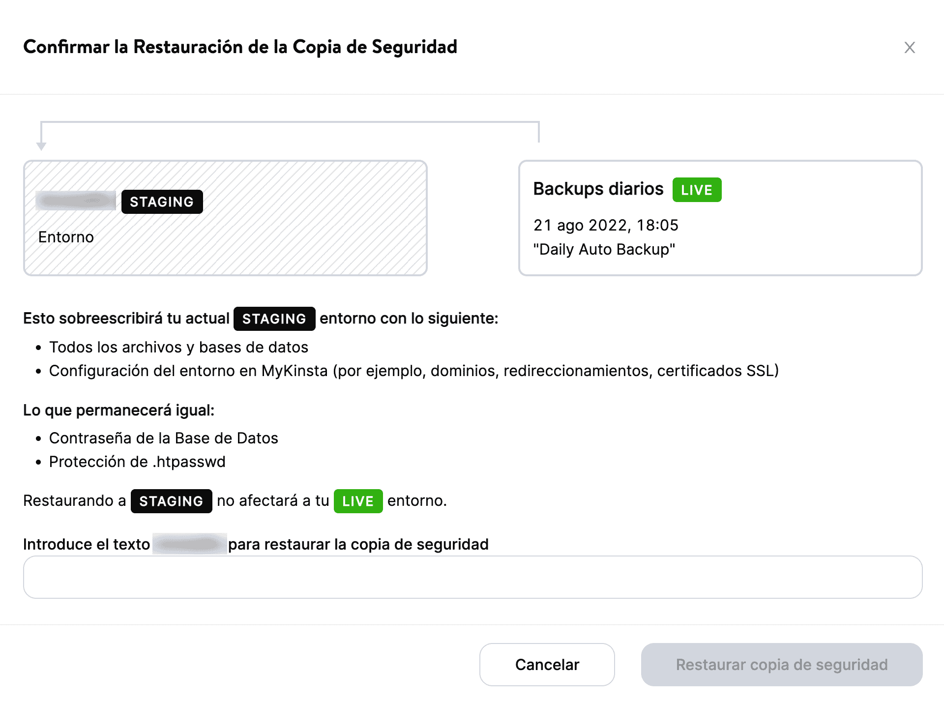 Confirma la restauración de la copia de seguridad
