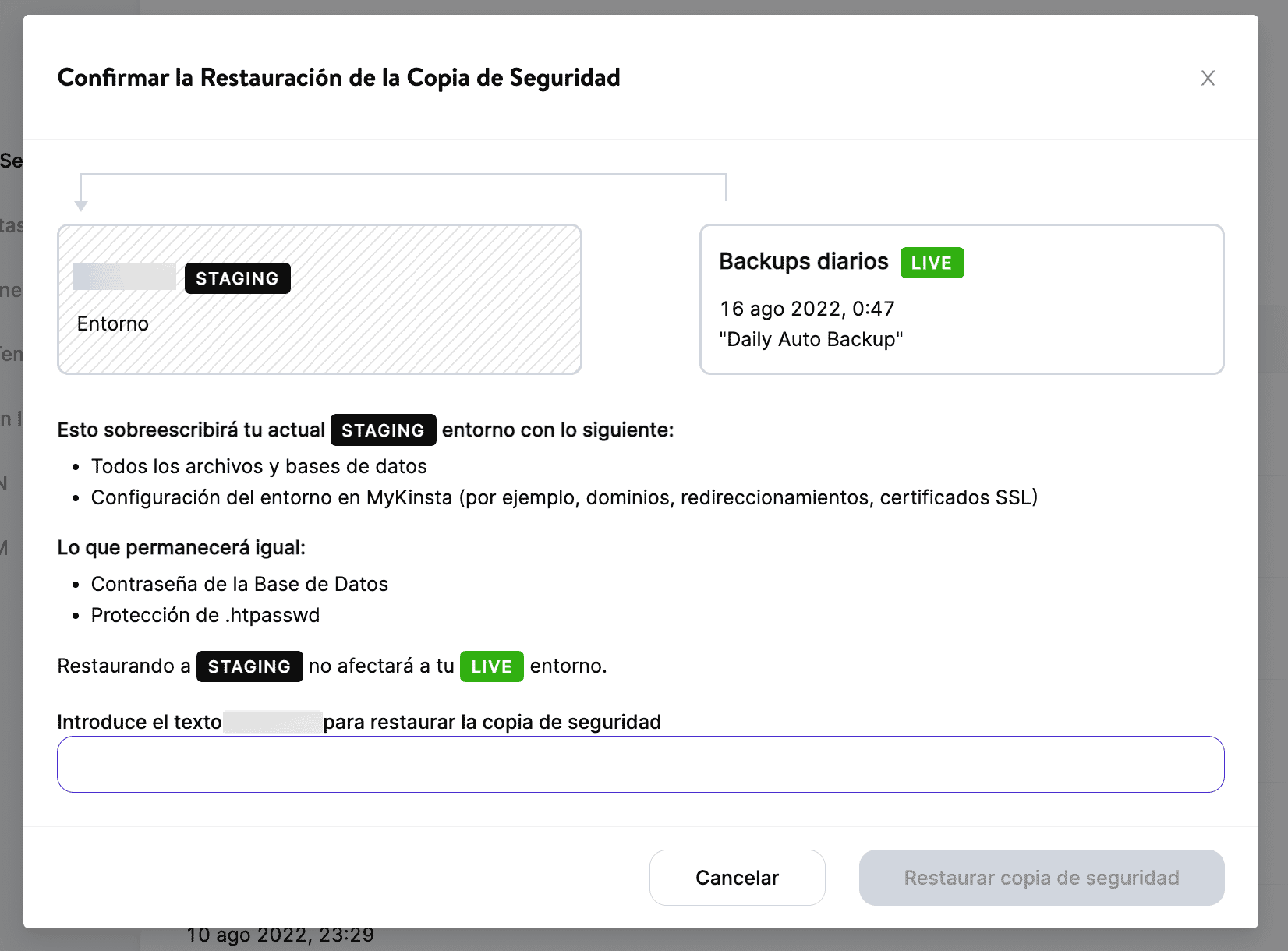 Confirmar la restauración de la copia de seguridad