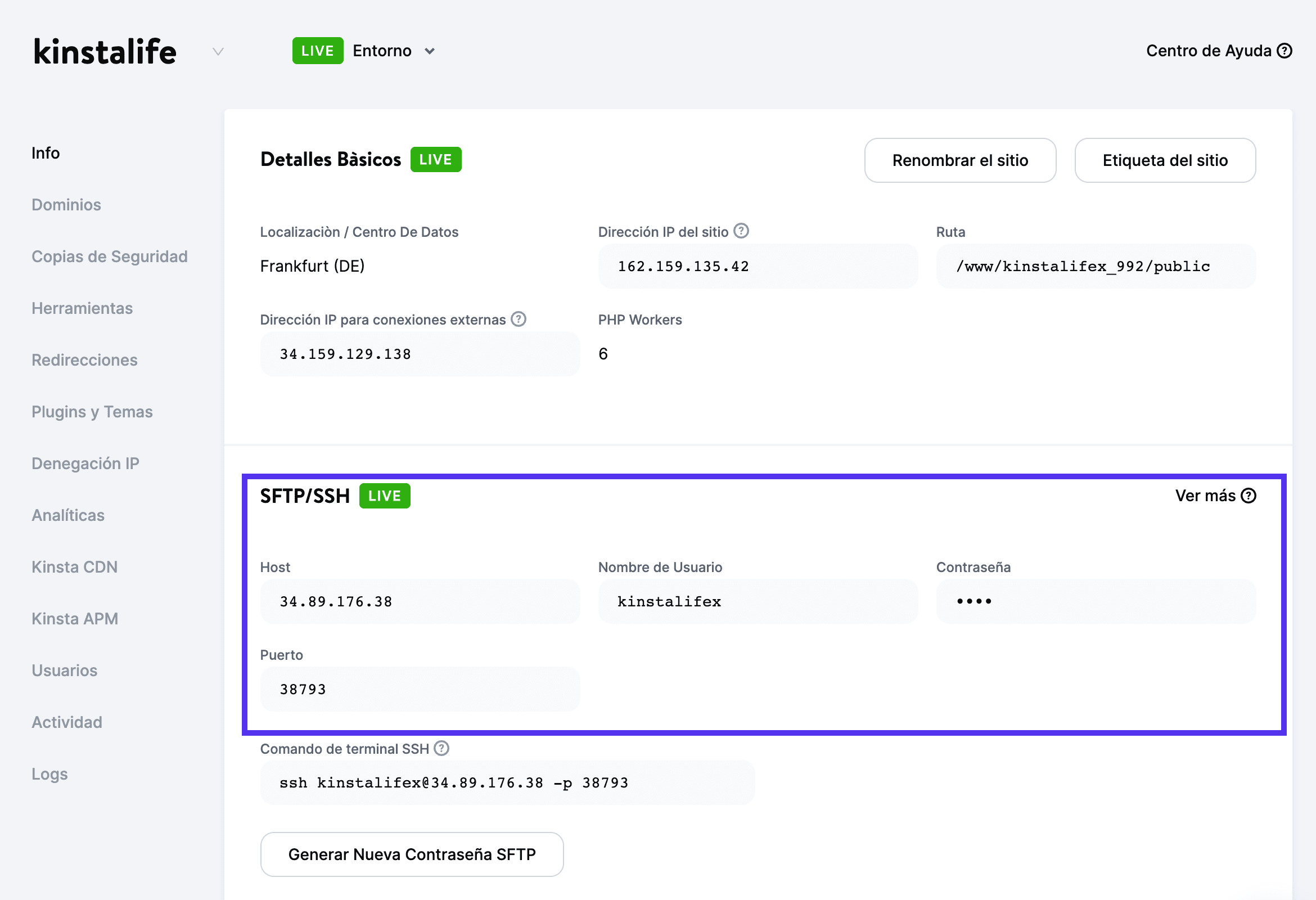 Encuentra la sección SFTP/SSH