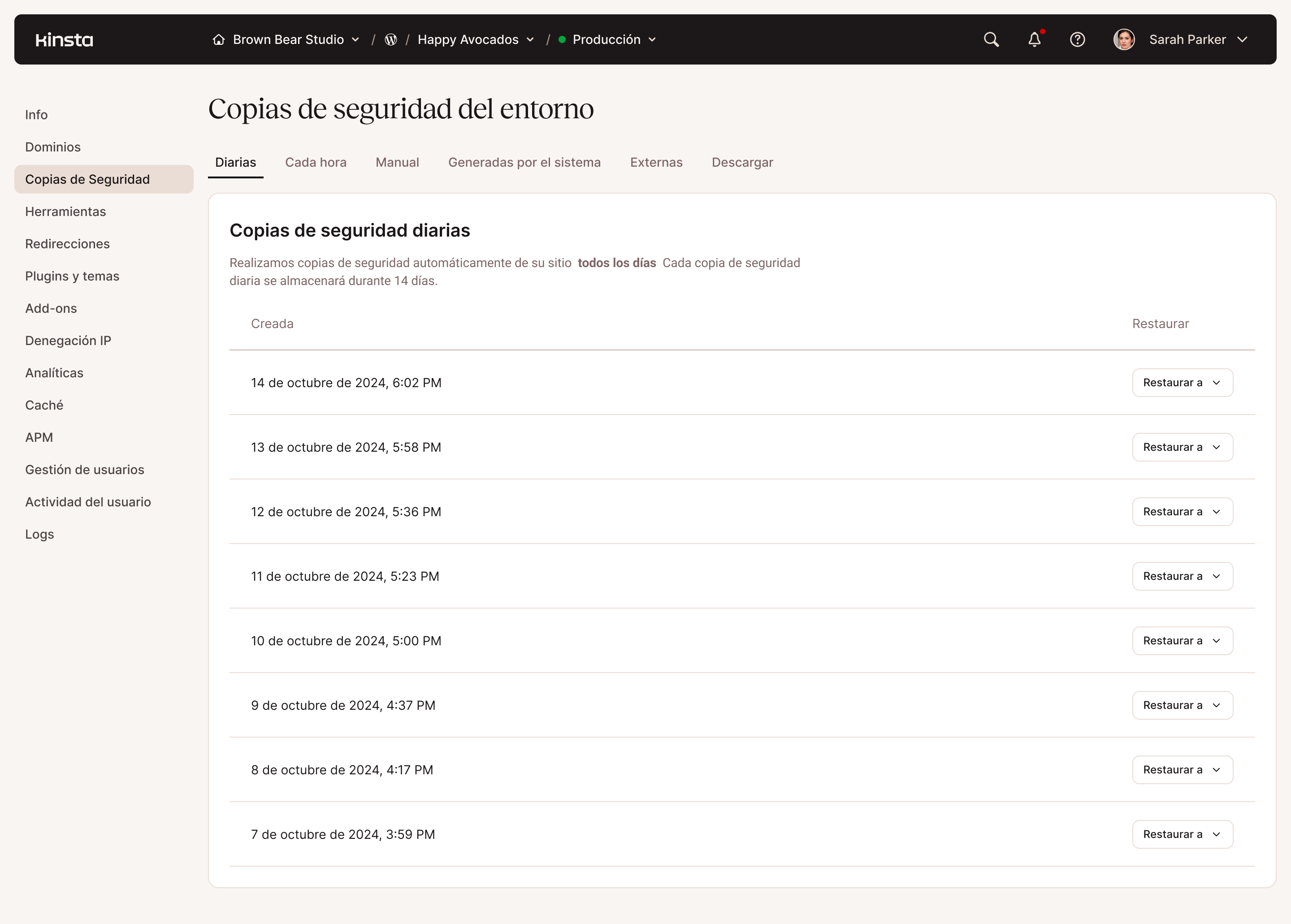 Panel de configuración de copias de seguridad de entornos de alojamiento web