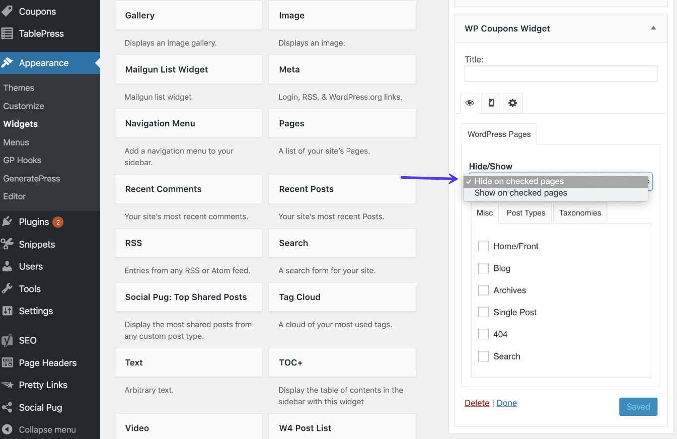 Widget Options : Masquer/afficher les widgets sur des pages spécifiques