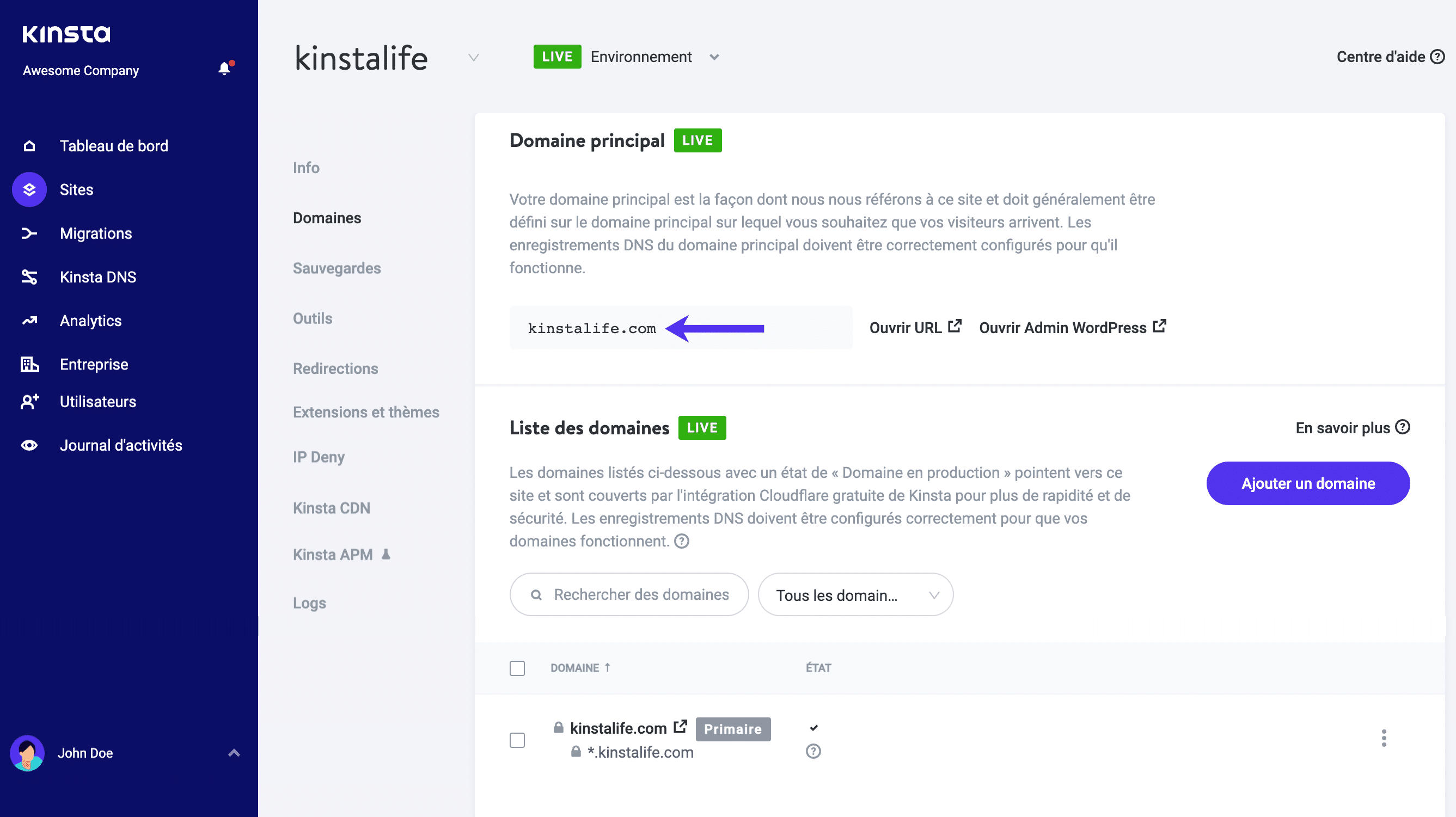 Domaine principal Kinsta