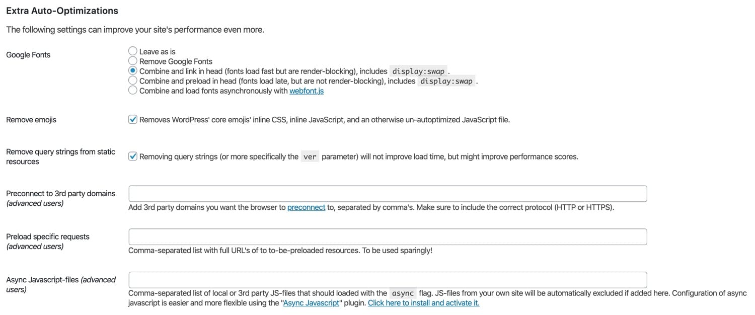 Optimisations supplémentaires dans Autoptimize.