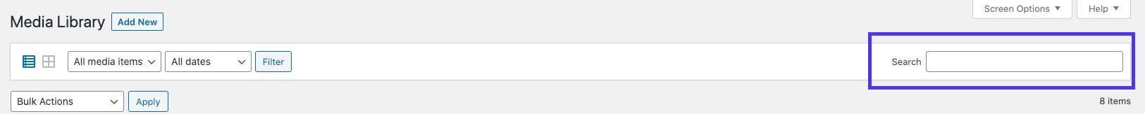 Barre de recherche de la bibliothèque de médias WordPress