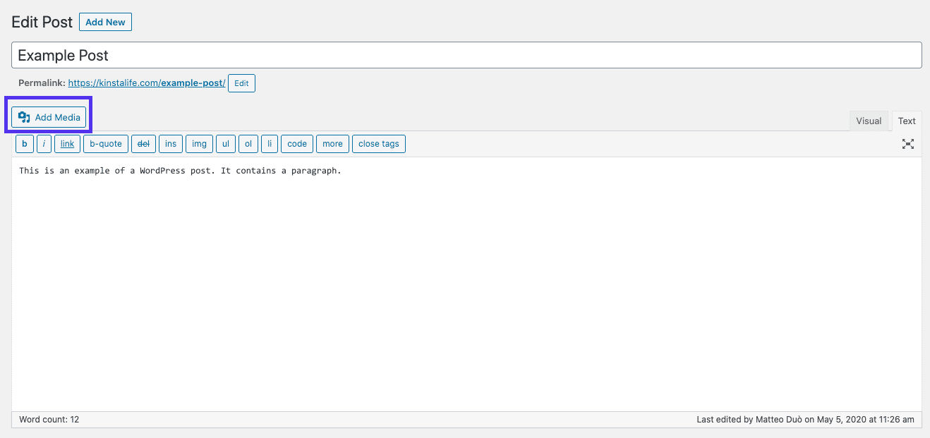 Bouton Ajouter un média de l'éditeur classique