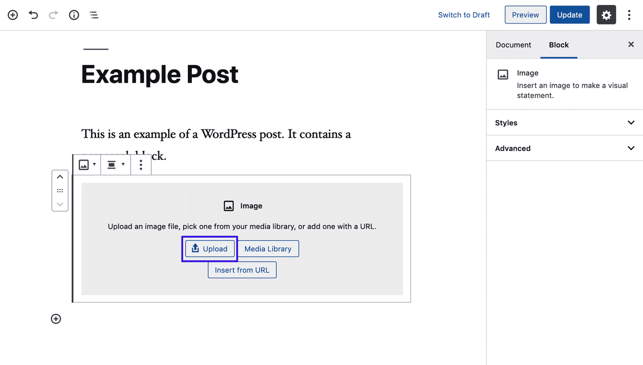 Téléversement de média depuis l'éditeur de bloc