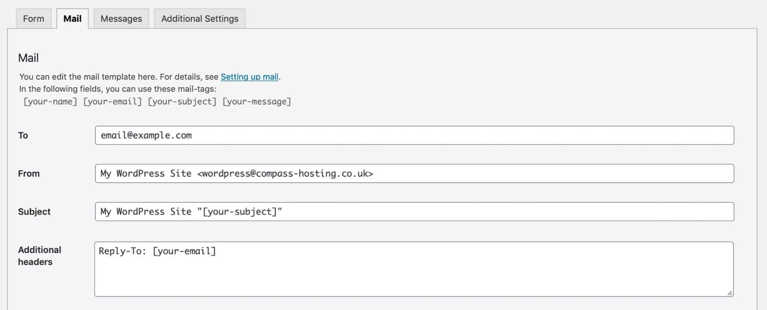 Onglet E-mail dans les formulaires de contact