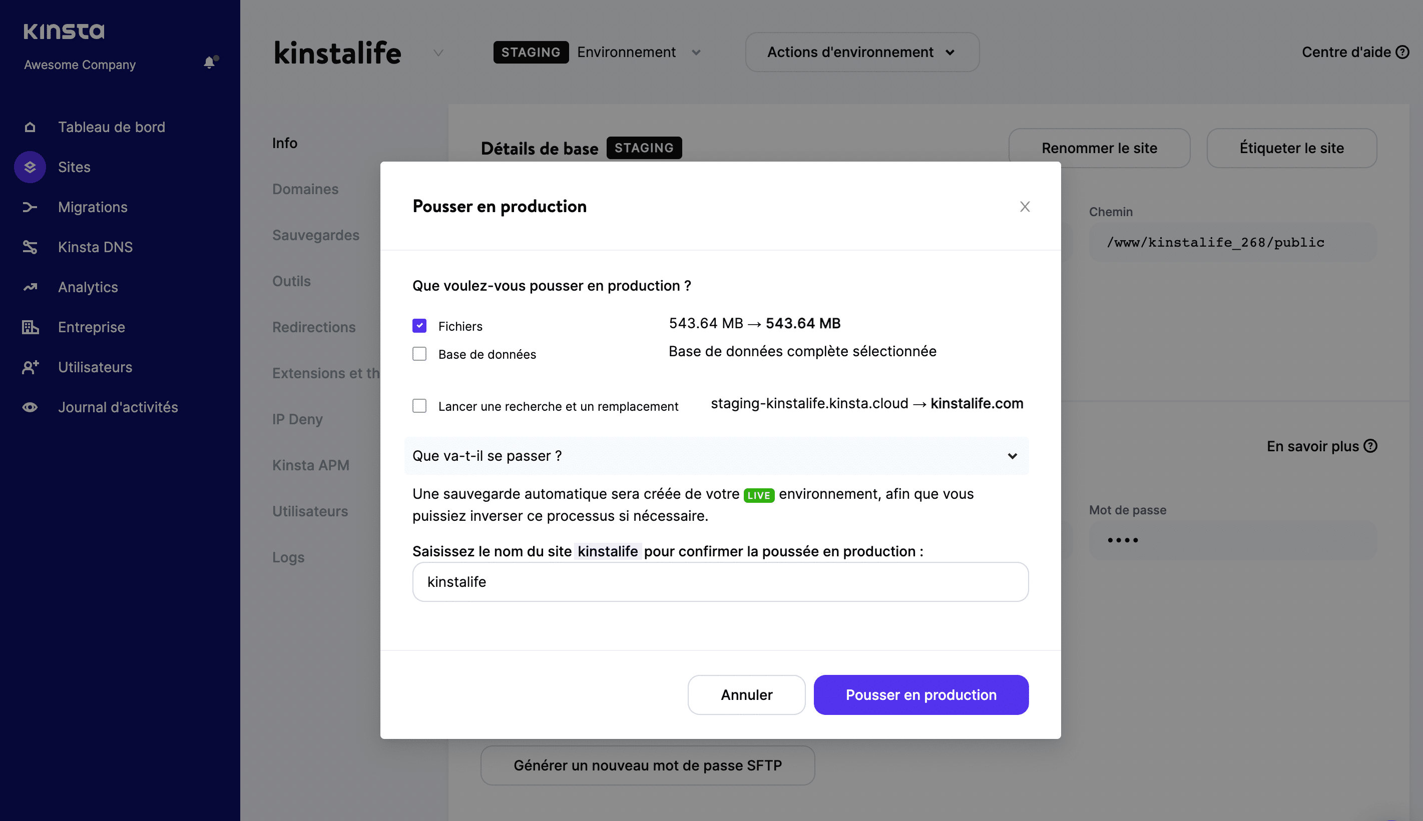 Fonctionnalité Kinsta de poussée sélective Fonctionnalité Kinsta de poussée sélective