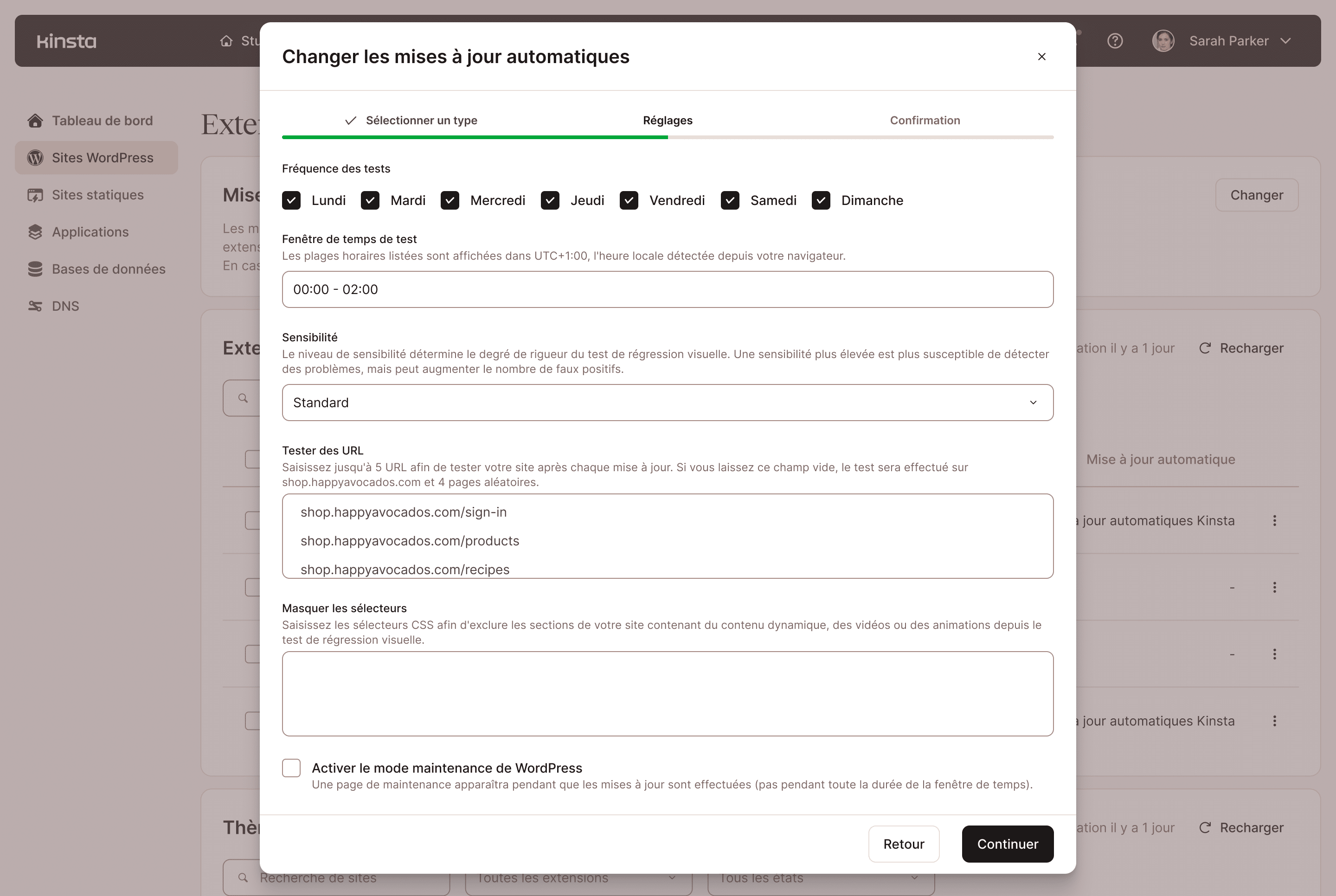 Interface de configuration des mises à jour automatiques