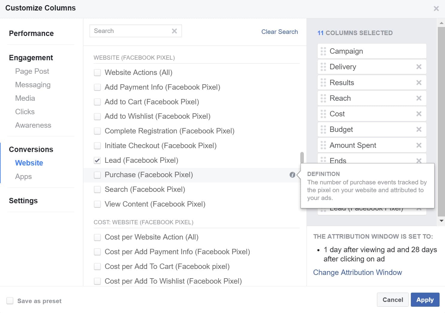 Facebook ads manager purchase column Colonna acquisti nella gestione delle inserzioni di Facebook