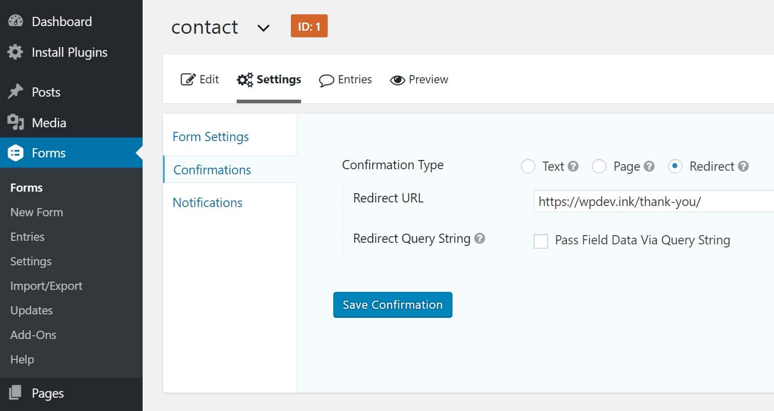 Gravity Forms redirect Funzione di redirect di Contact Form 7