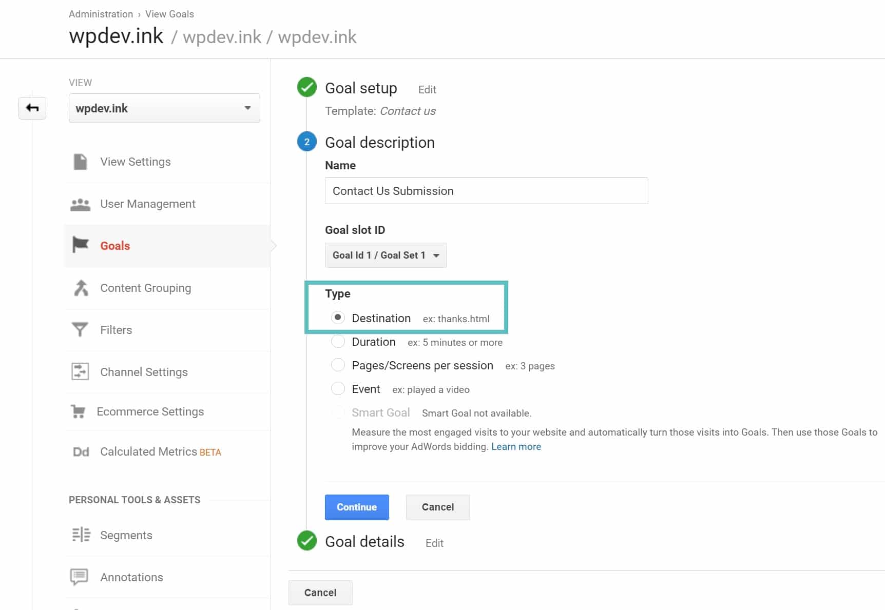 Google Analytics goal destination Creare l'obiettivo Contattaci