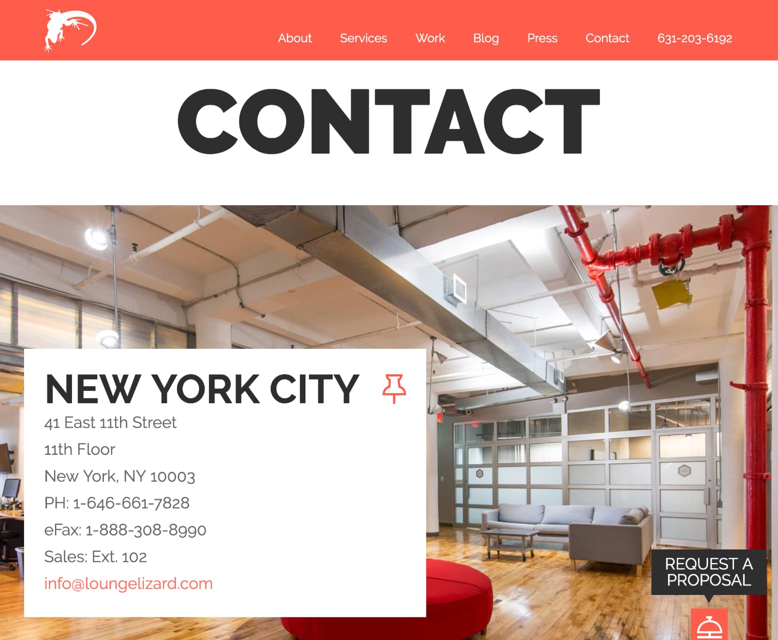 Pagina Contatti del sito di portfolio dell’agenzia Lounge Lizard