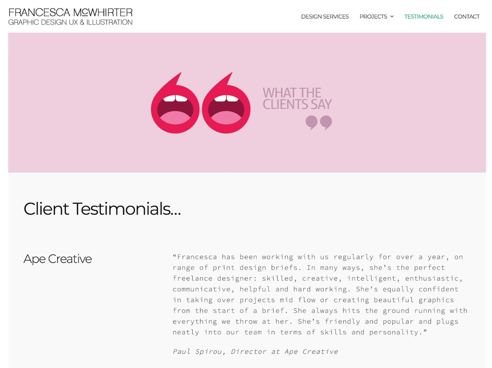 La pagina Testimonial del sito portfolio della designer Francesca McWhirter.